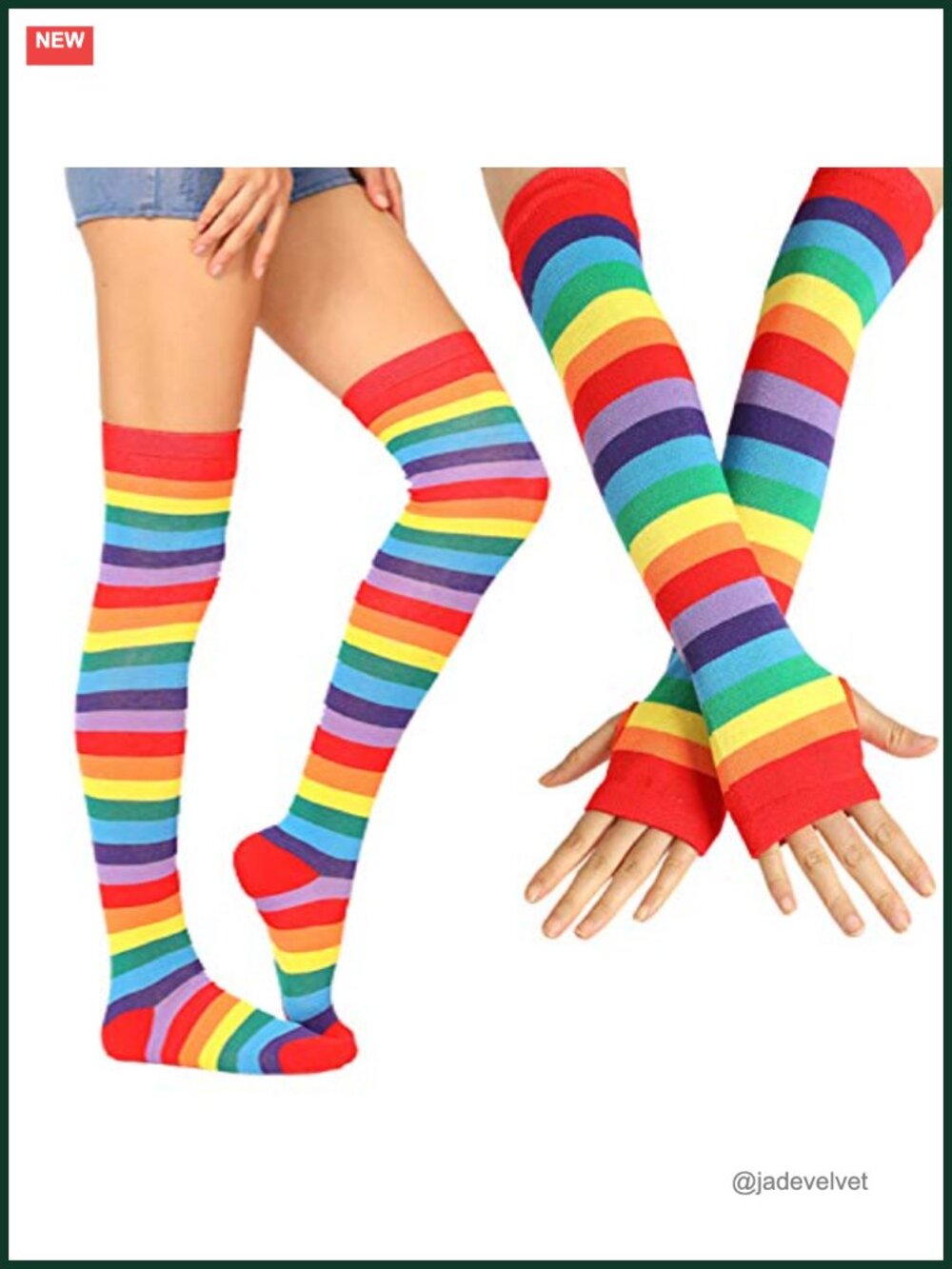 Rainbow Striped Knee High Socks & Fingerless Gloves Set Cosplay Leg Warmers